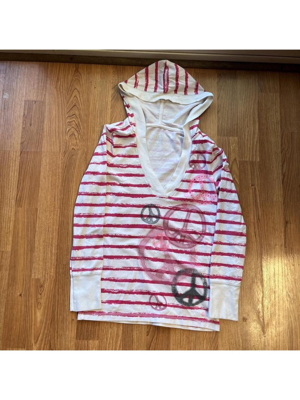 striped v neck hoodie with peace symbols | size S